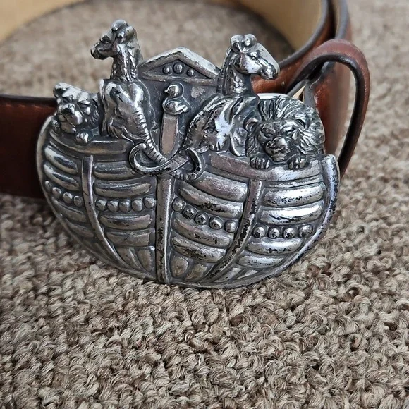 Vintage Brighton Museum Collection Brown Leather Silver Noahs Ark Belt Sz M - Picture 2 of 7